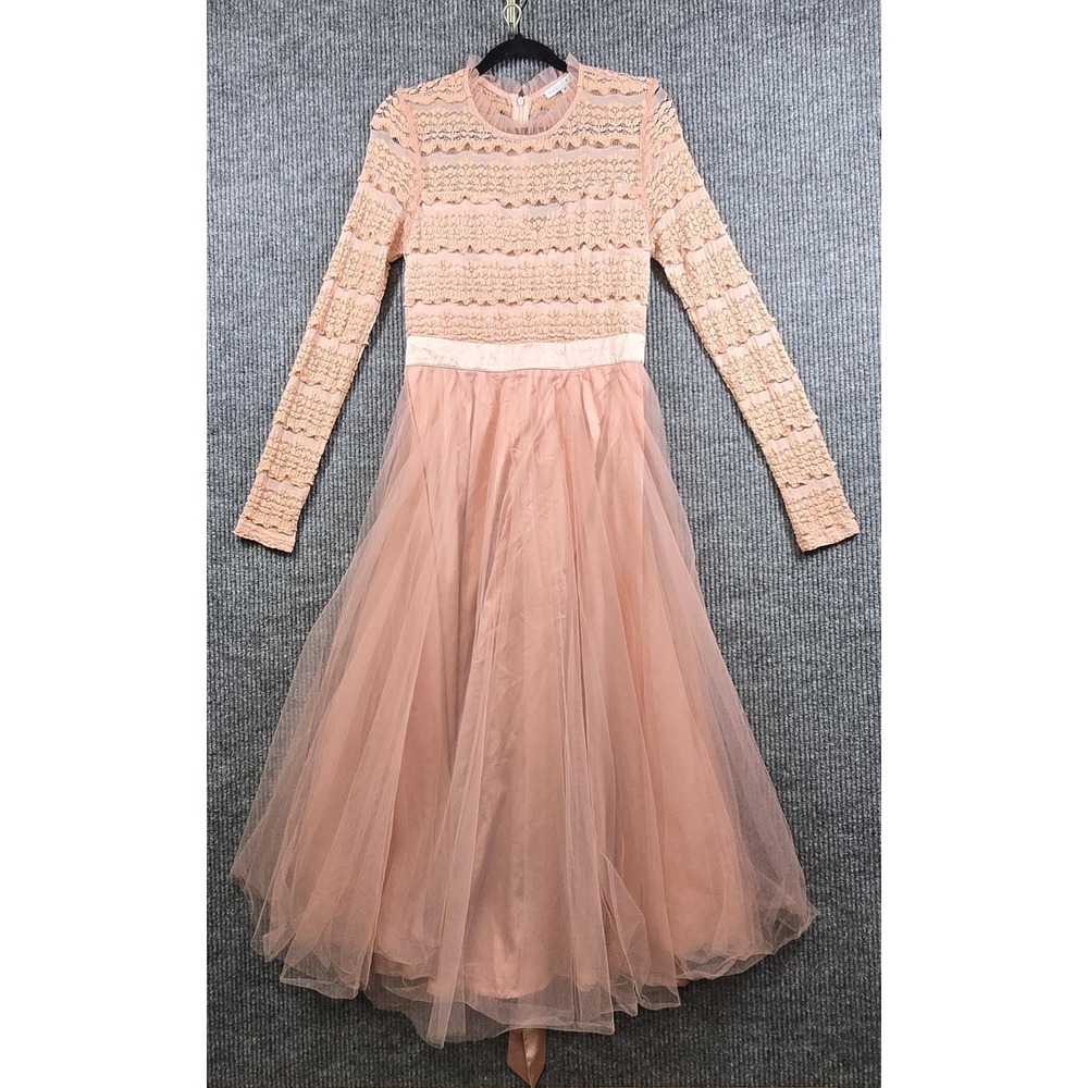 Baltic Born Lonnie Dress Women Medium Pink Lace Tulle Long Sleeve Fit Flare Midi